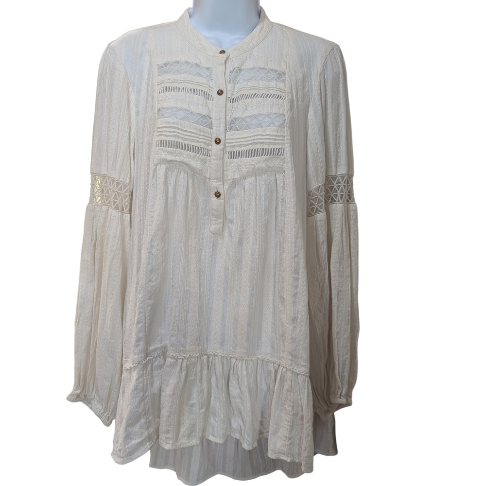 Anthropologie Ivory Lace Inset Boho Hippie Tunic Top Cotton Button‎ Front Medium